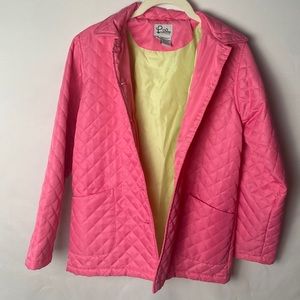 Lilly Pulitzer pink quilted jacket/barn coat, green lining, pockets; sz 12